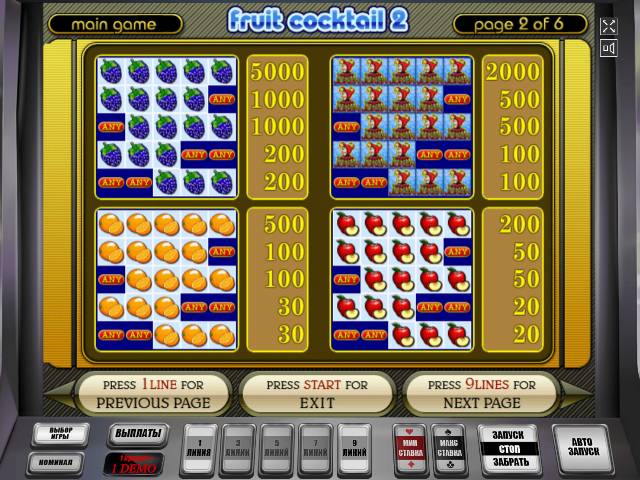Таблица выплат в автомате Fruit Cocktail 2 